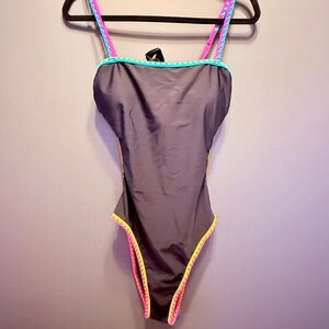 Cupshe (FARM Rio Vibe) Black Swimsuit Neon Orange, Pink, Turquoise Trim